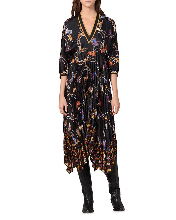 Sandro Palmina Pleated & Printed Midi Dress in black, Medium
