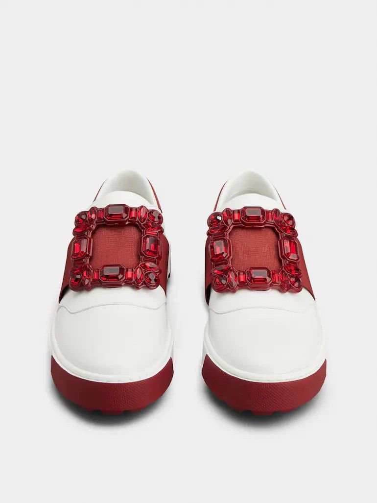 Roger Vivier Viv' Golf Very Vivier Strass Buckle Sneakers in Leather (Red x White), Size 36.5