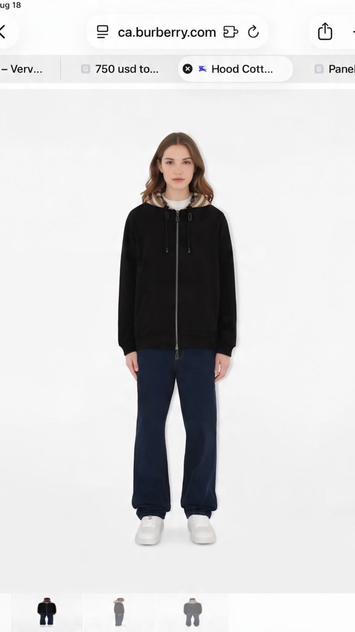 Burberry Relaxed Fit
Check Hood Cotton Zip Hoodie, XSMALL