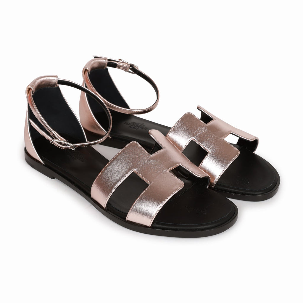 HERMES Metallic Nappa Santorini Sandals Rose Doré,Size 38.5