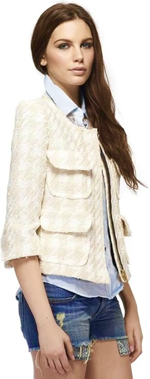 Smythe - Cream Houndstooth Woven Metallic Tweed Jacket Sz 8