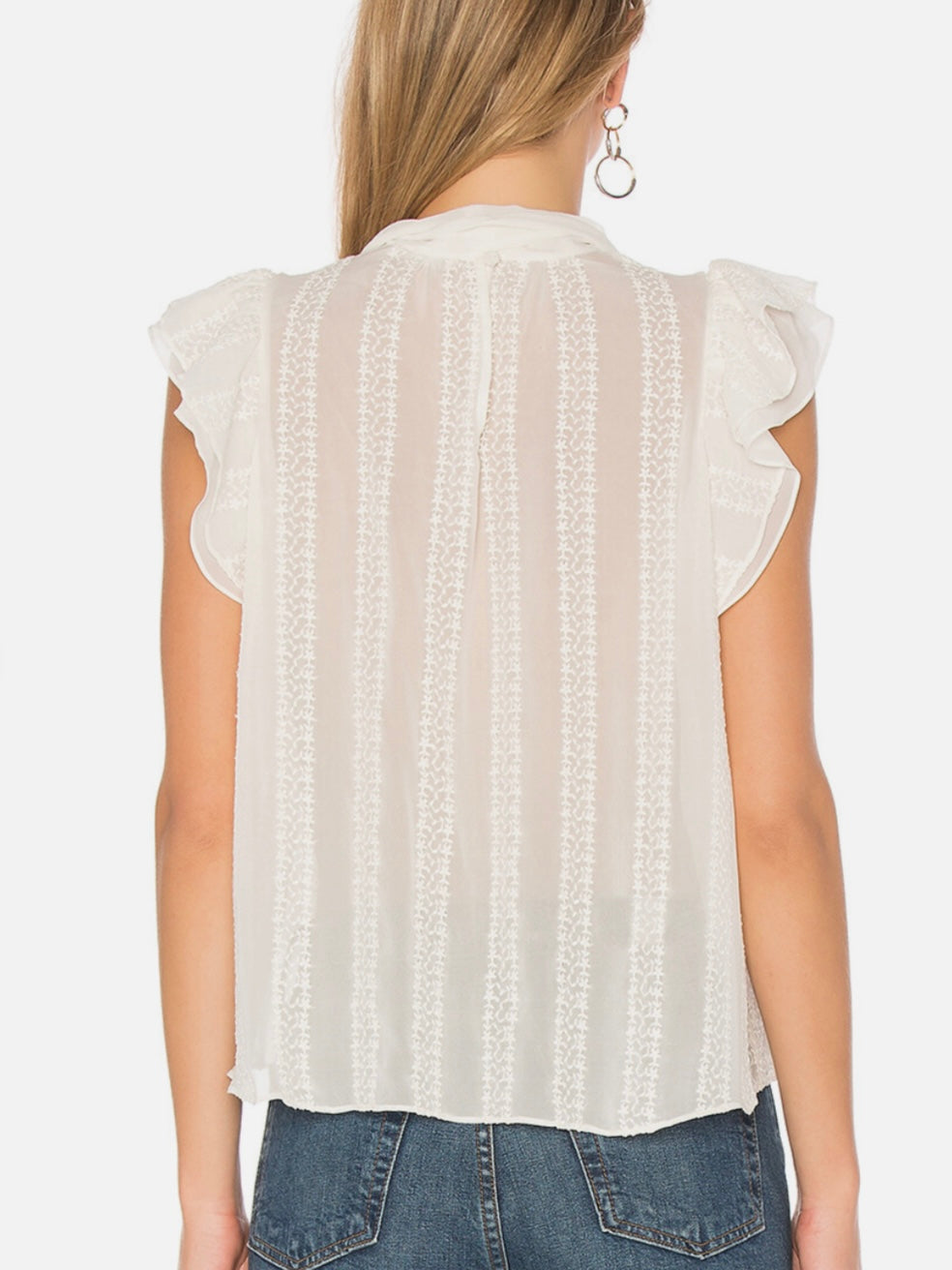 Ulla Johnson Heddy White Embroidered Silk Bow Ruffle Blouse ,
