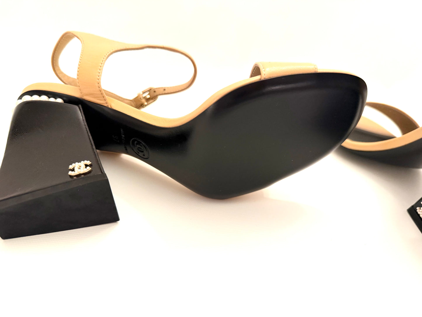 Chanel Leather CC Block Heel Ankle Strap Sandals Size 37