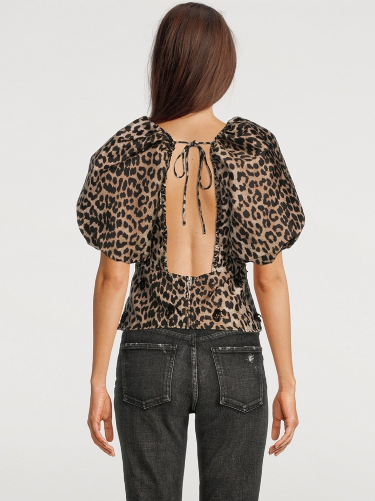 GANNI Re-Cut Crispy Jacquard Open-Back Blouse, SIZE 36