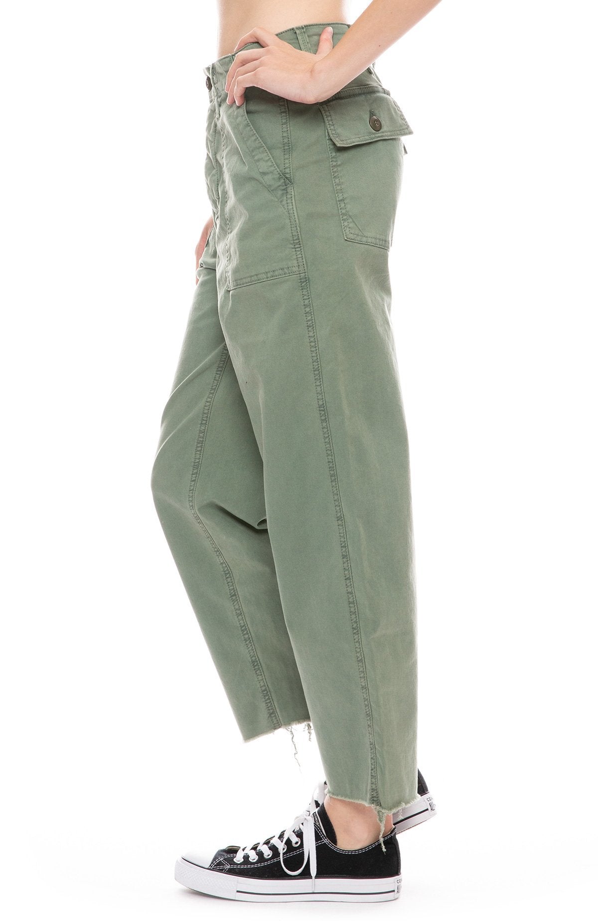 MOTHER Patch Pocket Private Ankle Fray in Army Green, Size 27