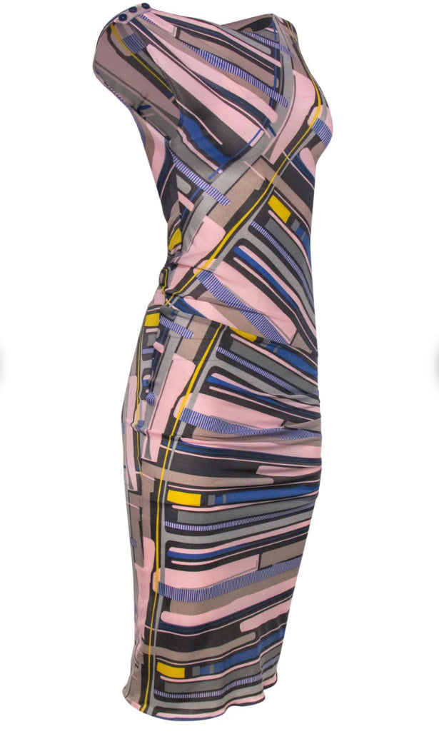 PRE-LOVED Chanel 09C 2009 cruise bodycon dress Pink, Grey & Blue Abstract Print Sleeveless Ruched Maxi Dress, SIZE 38