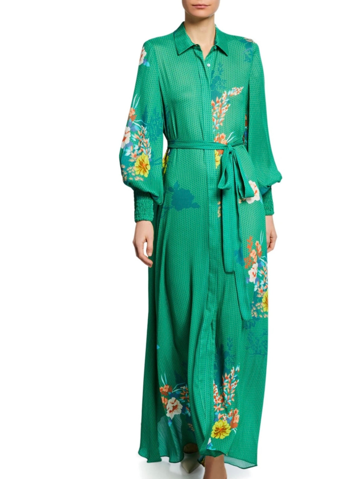 ALEXIS
Yadira Belted Floral Blouson-sleeve Long Dress In Green, Small