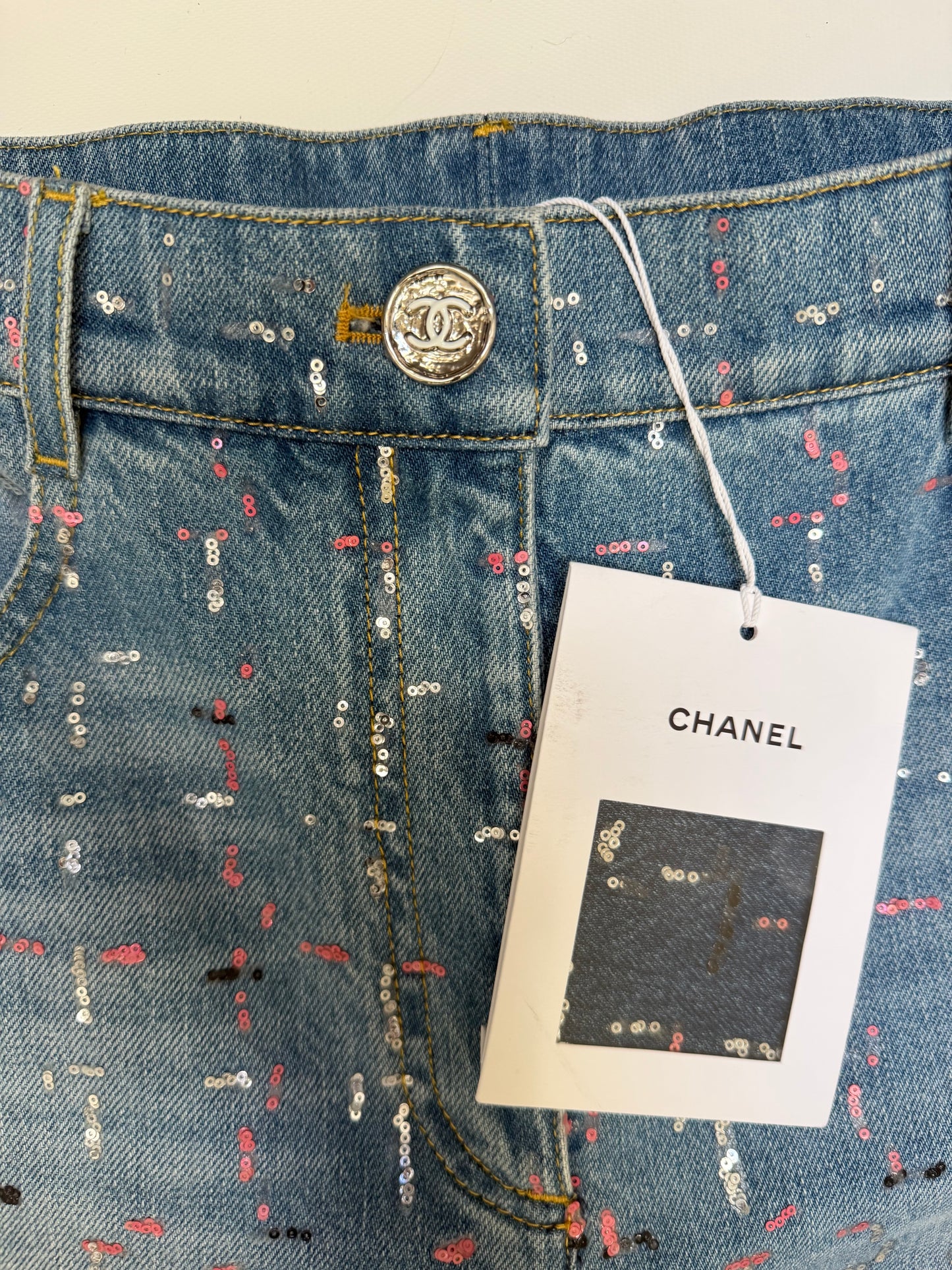 CHANEL NWT washed blue cotton 23A DAKAR SEQUIN WIDE JEANS Pants, SIZE 38