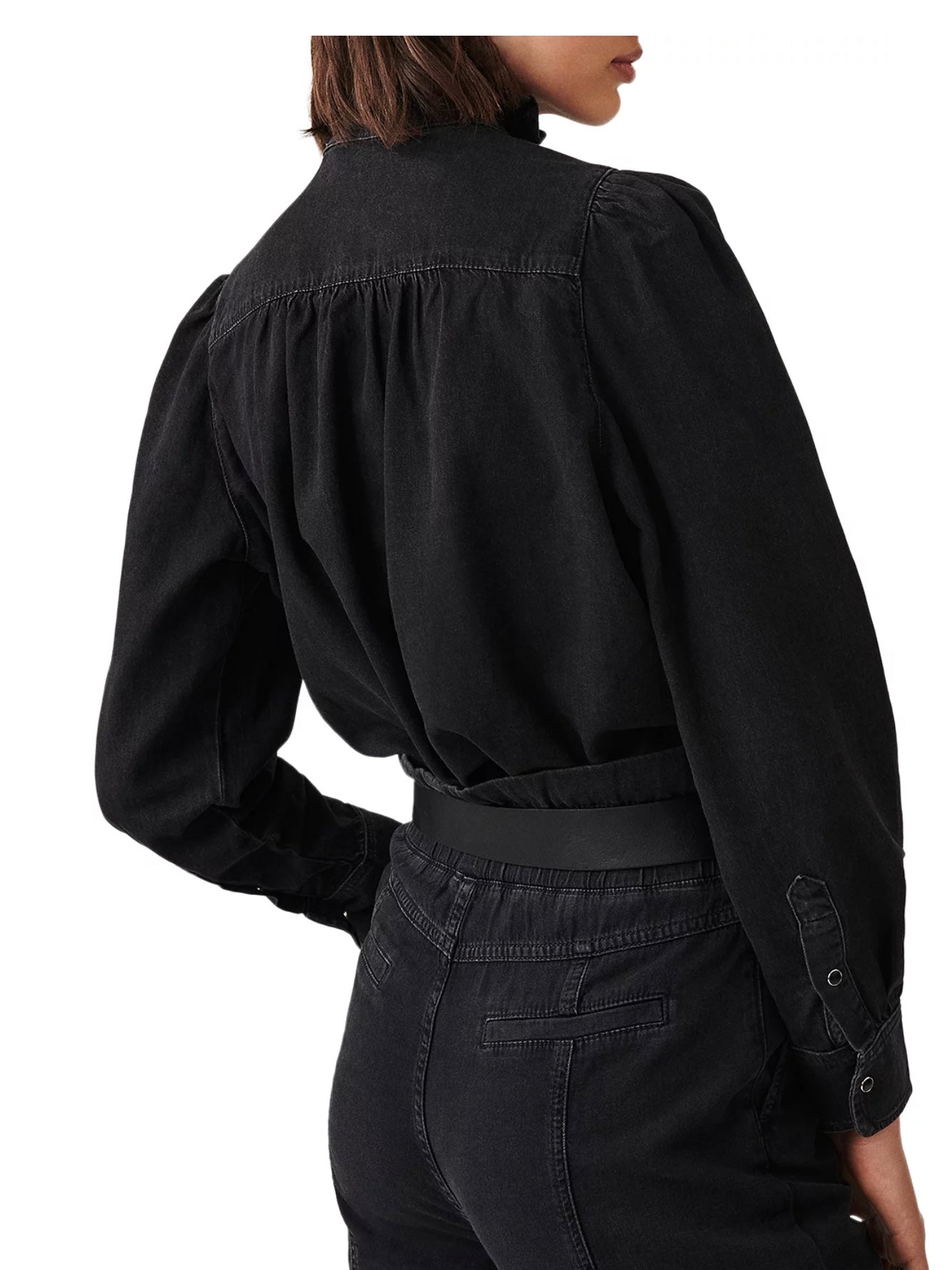 ba&sh Milac Denim Ruffle Blouse, SIZE 1 Small