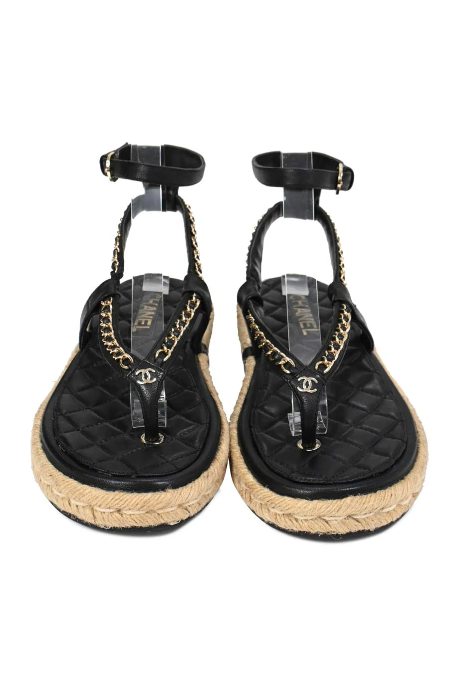 Chanel Black lambskin leather and gold-tone chain CC espadrille thong sandals, Size 39