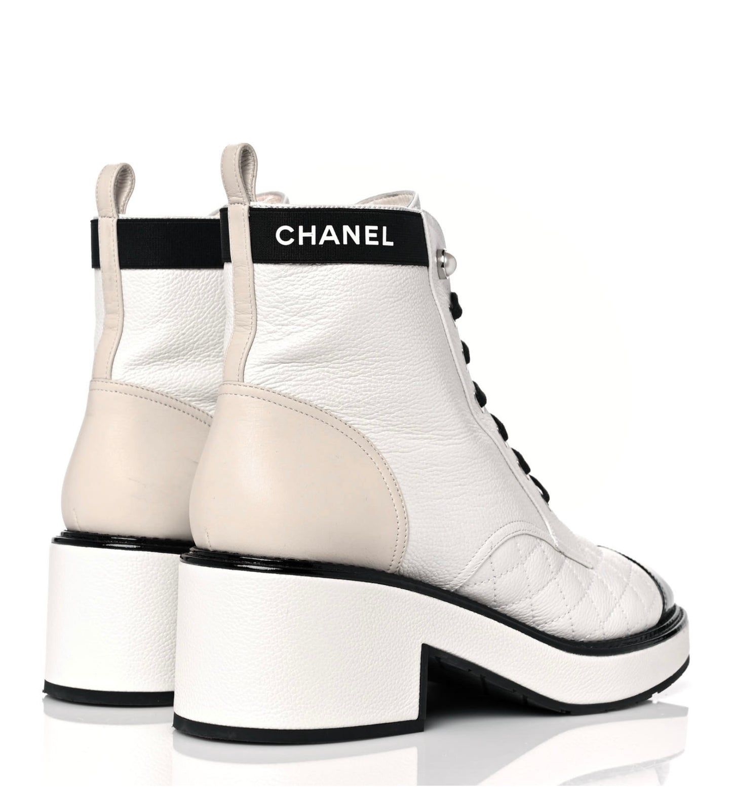 CHANEL 2021 Pearly Calfskin Patent Calfskin Quilted Lace Up Boots Women's Size 39, US 8.5