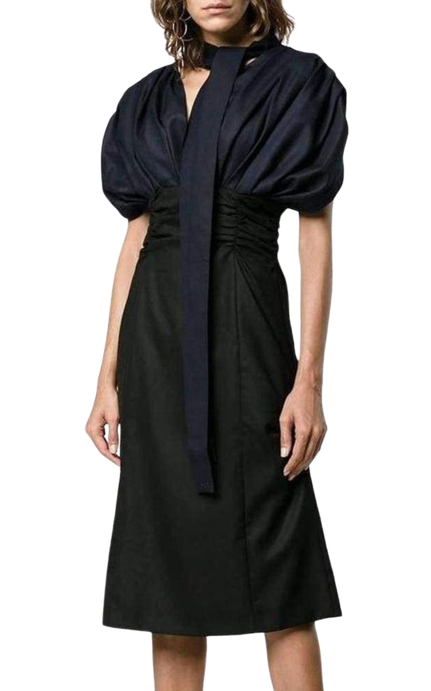 Jacquemus La Robe Madame Ribbon Detail Midi Dress in Navy Blue Wool, SIZE 40