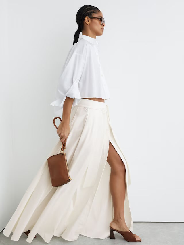 REISS NWT Simone Cotton-Blend Pleated Maxi Skirt in Ivory, SIZE 6