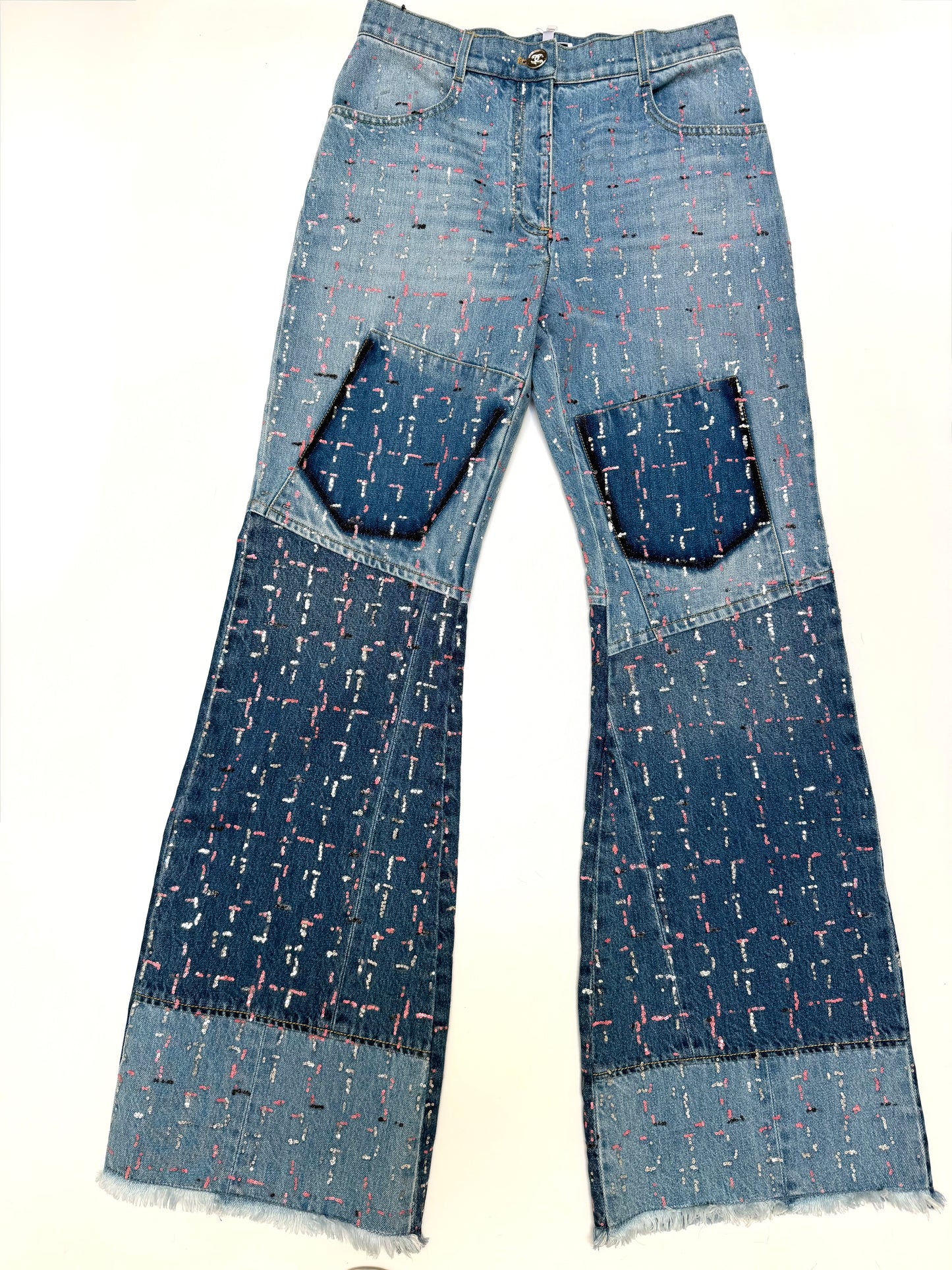 CHANEL NWT washed blue cotton 23A DAKAR SEQUIN WIDE JEANS Pants, SIZE 38