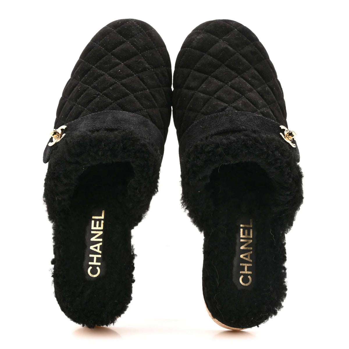 CHANEL Suede Calfskin Shearling Turn Lock Clogs, Size 39