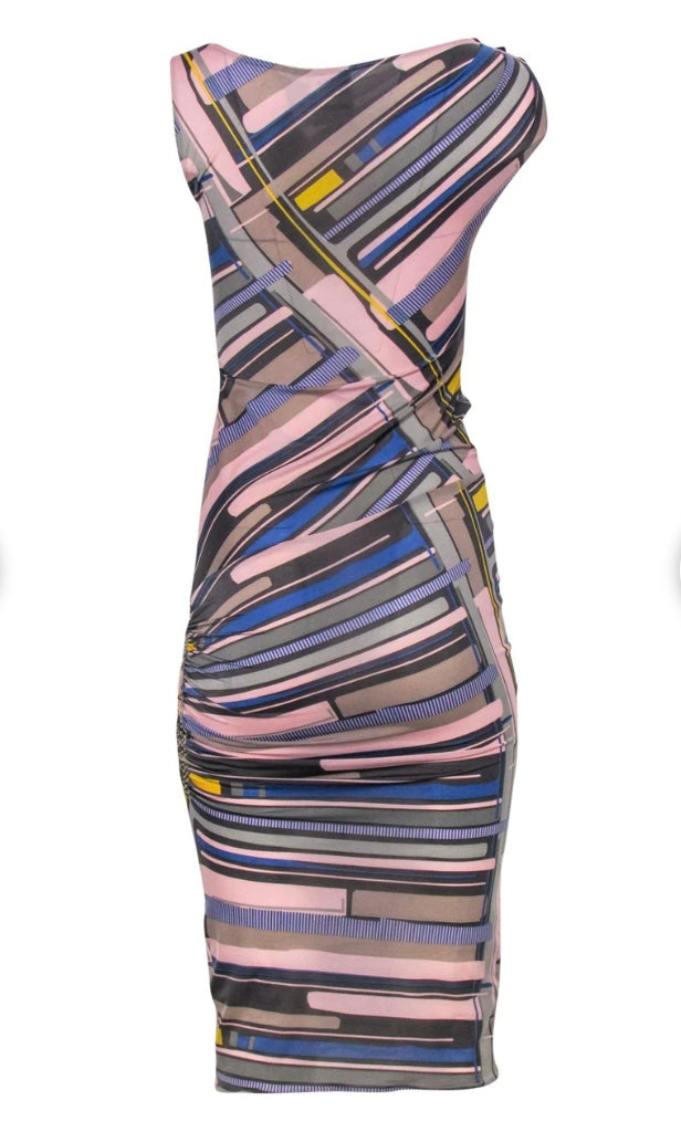 PRE-LOVED Chanel 09C 2009 cruise bodycon dress Pink, Grey & Blue Abstract Print Sleeveless Ruched Maxi Dress, SIZE 38