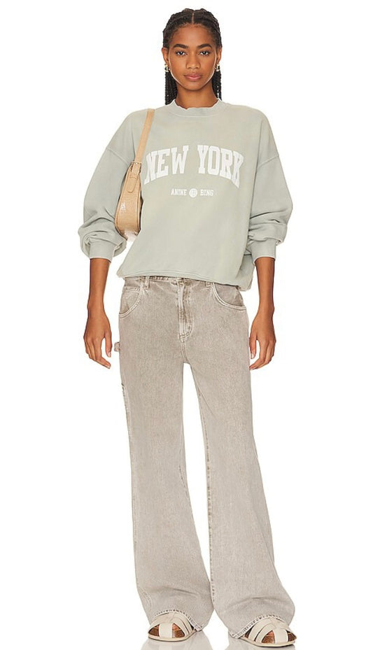 ANINE BING  Jaci Sweatshirt University New York In Sage - Washed Faded Seafoam, small
