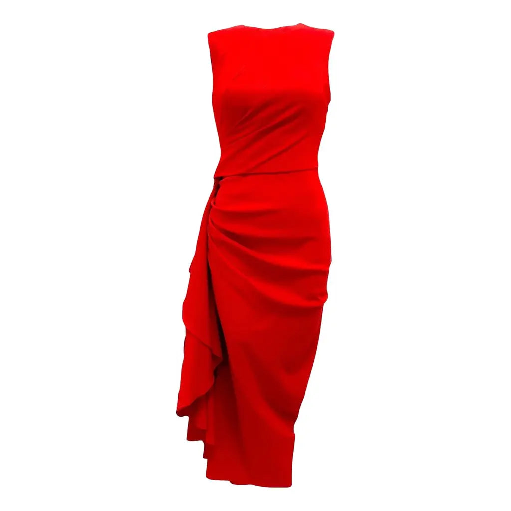 Alexander McQueen Red 2019 Gathered Waist Stretch Wool Midi Dress, Size 42