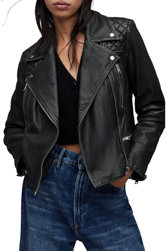 All Saints Unisex Cargo Distressed Leather Biker Jacket, Men’s Small, Women’s Medium