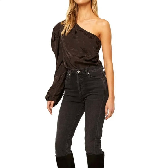 Misa Los Angeles Bianca One Shoulder Bodysuit in Black Floral Size XSMALL