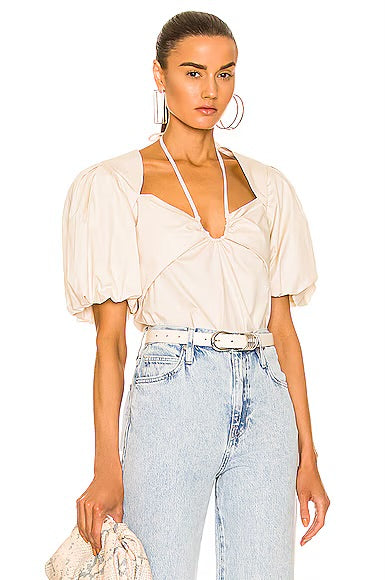 FRAME Tie Neck Top in Flax, Small