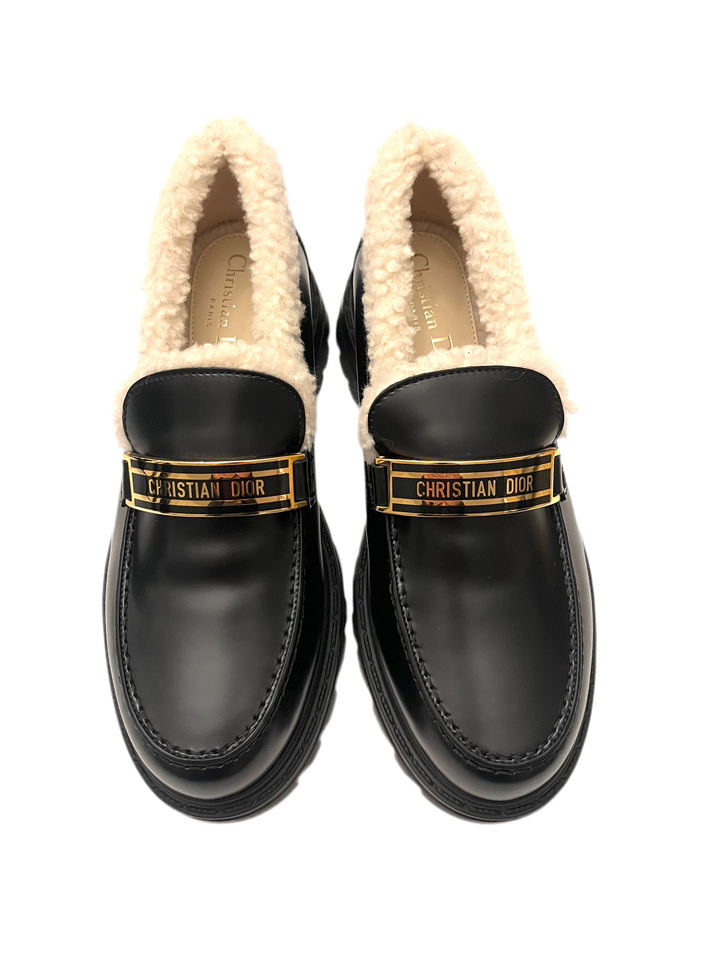 Christian Dior Black Brushed Calfskin Leather and Shearling Dior Code Loafers - 36.5