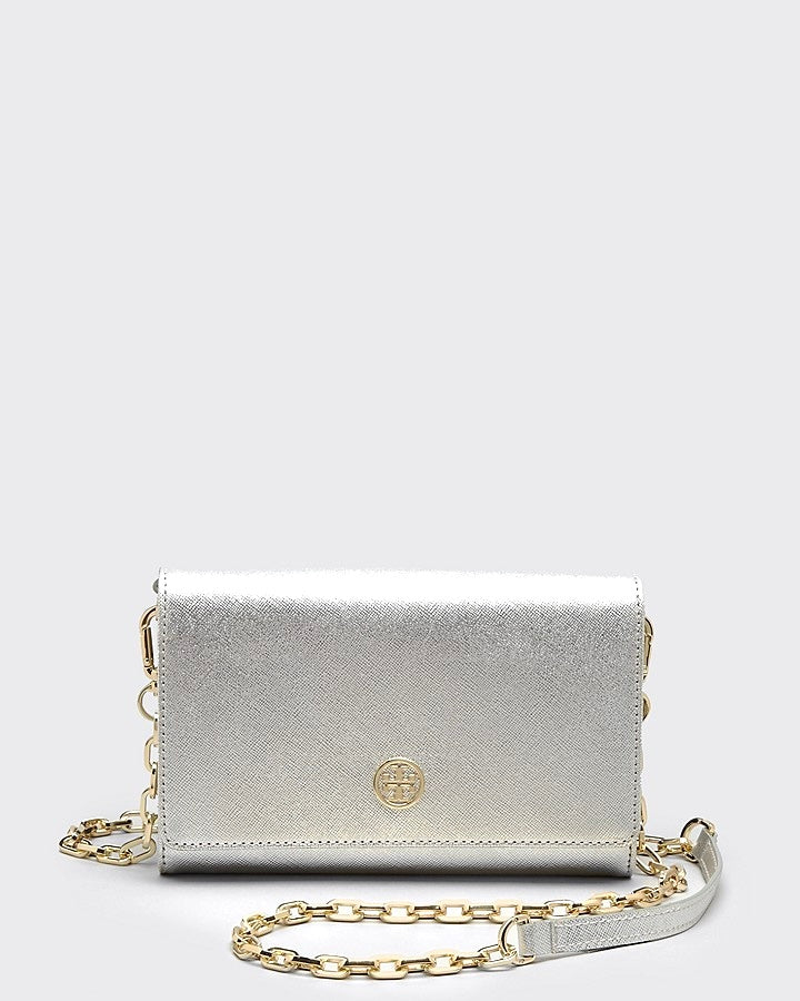 Tory Burch Silver Leather Robinson Wallet On Chain