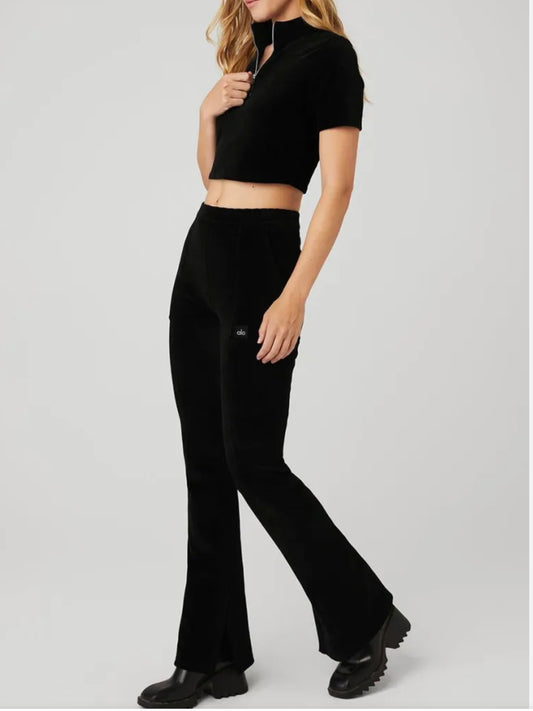 ALO WINTER BREAK HIGH WAIST FLARE MICROCORDUROY PANTS IN BLACK, SMALL