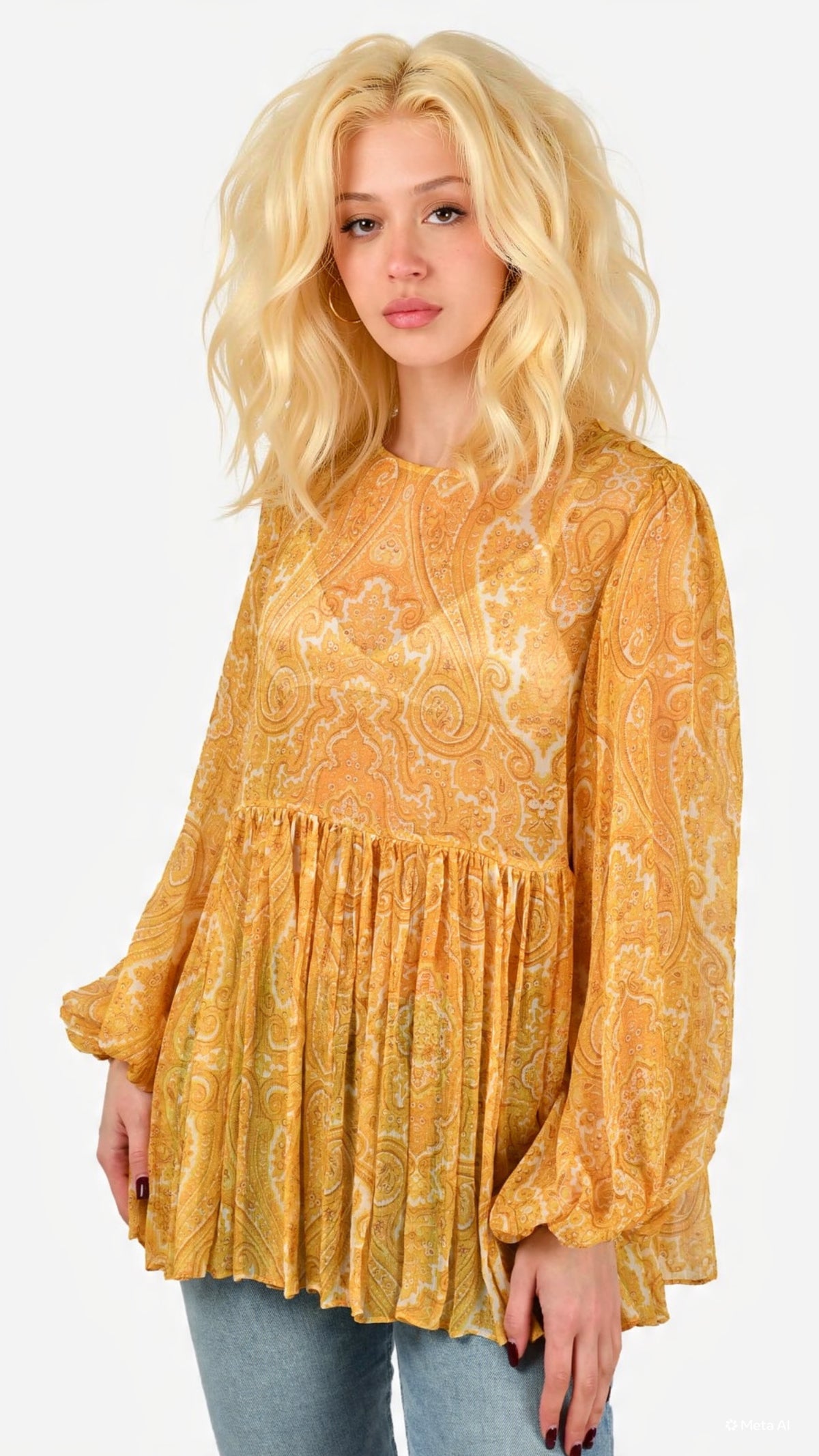 ZIMMERMANN YELLOW PAISLEY SHEER SILK BABYDOLL TOP SIZE 2