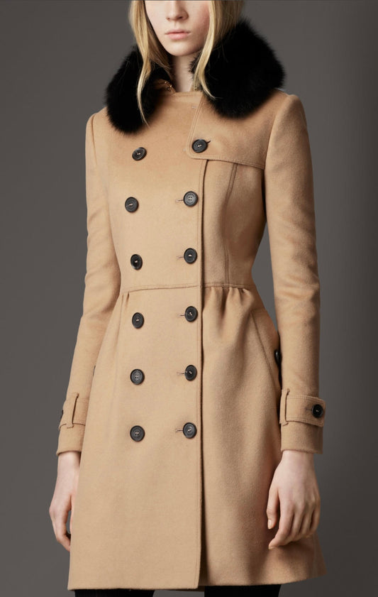 Burberry Midlength Wool
Cashmere Detachable Fur Collar Trench Coat, Size 8