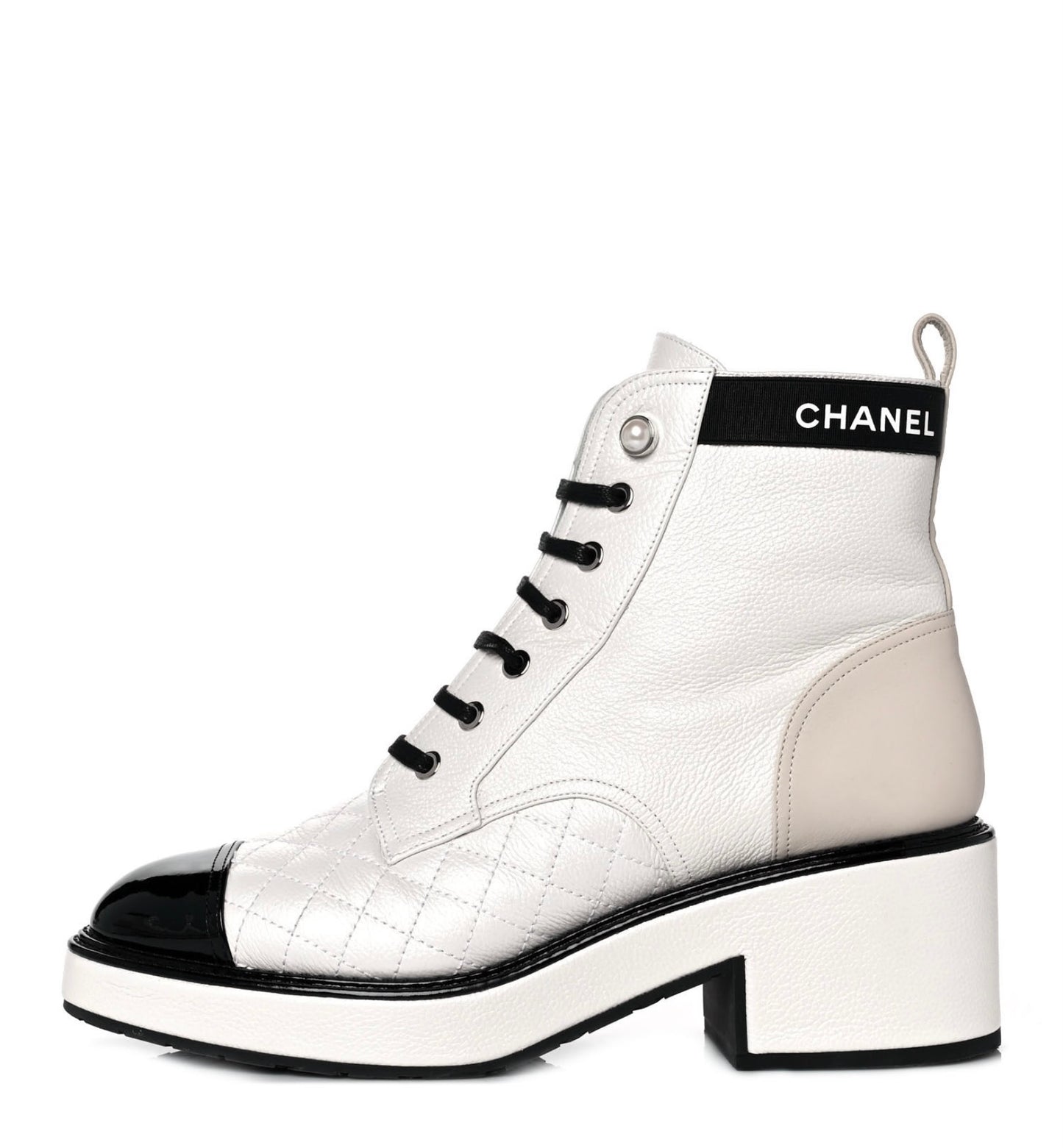 CHANEL 2021 Pearly Calfskin Patent Calfskin Quilted Lace Up Boots Women's Size 39, US 8.5