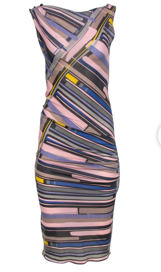 PRE-LOVED Chanel 09C 2009 cruise bodycon dress Pink, Grey & Blue Abstract Print Sleeveless Ruched Maxi Dress, SIZE 38