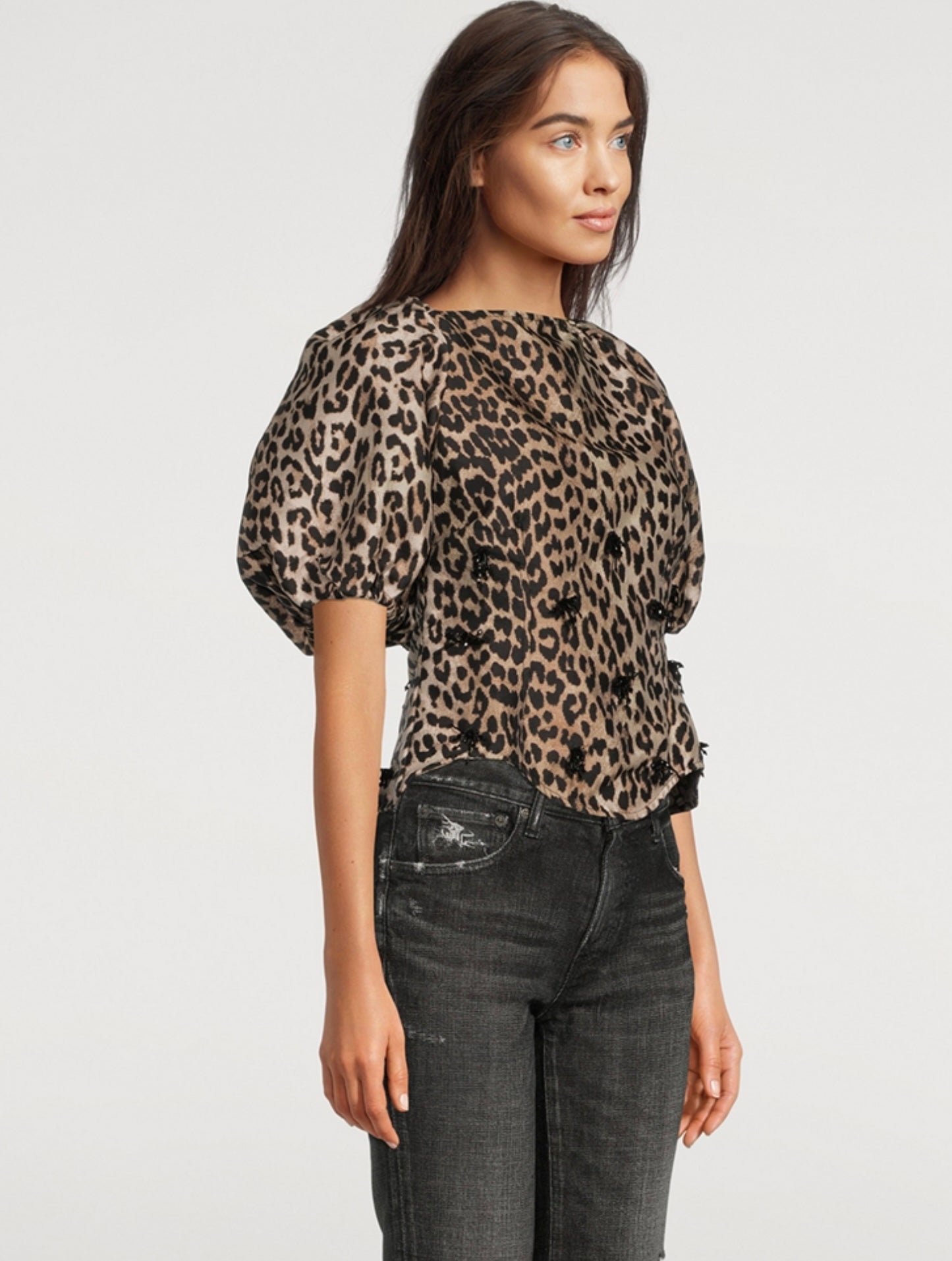 GANNI Re-Cut Crispy Jacquard Open-Back Blouse, SIZE 36