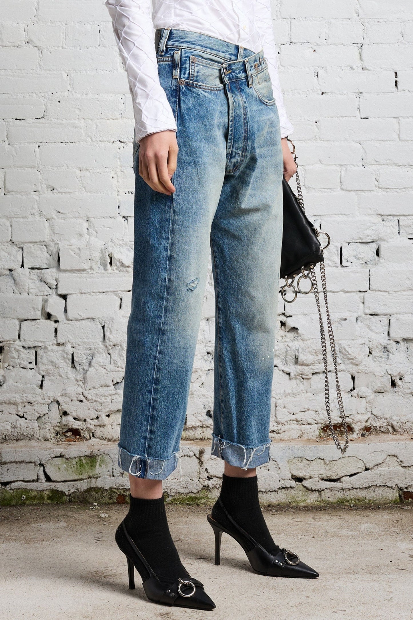 R13 NWT Cross Over Jean, Emory with rips Size 27