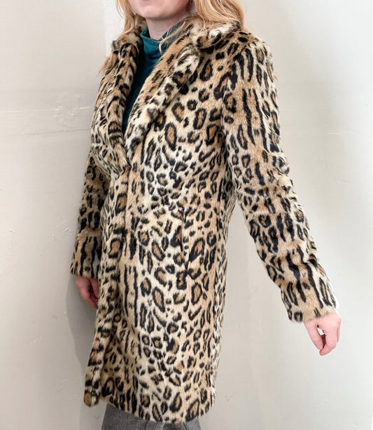 LINE Cheetah Leopard Print Faux Fur Long Jacket, Medium