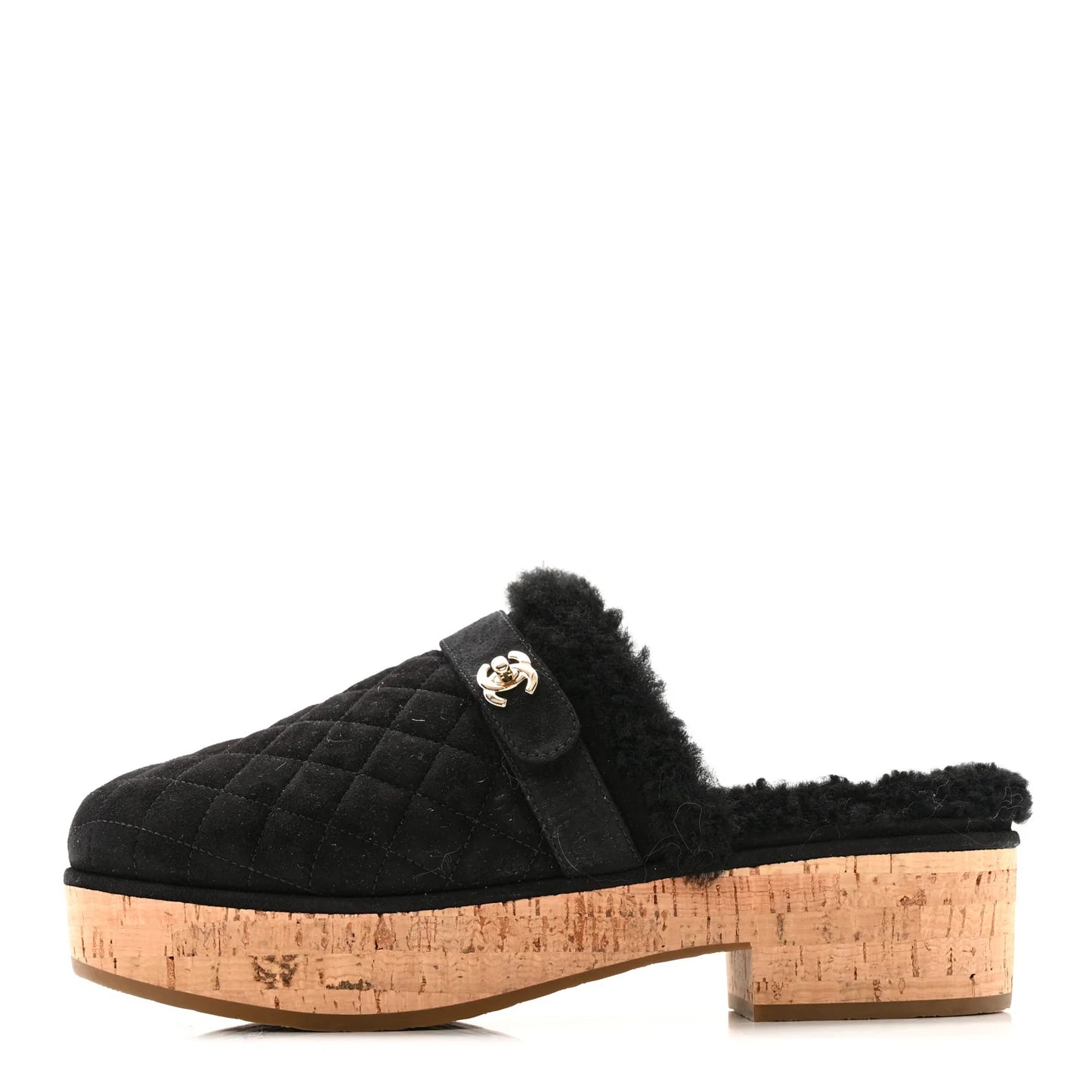 CHANEL Suede Calfskin Shearling Turn Lock Clogs, Size 39