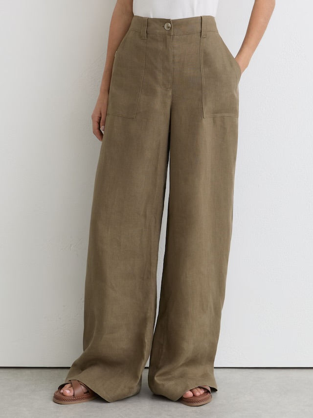 REISS NWT Ashby Linen Wide-Leg Trousers in Khaki, SIZE 6