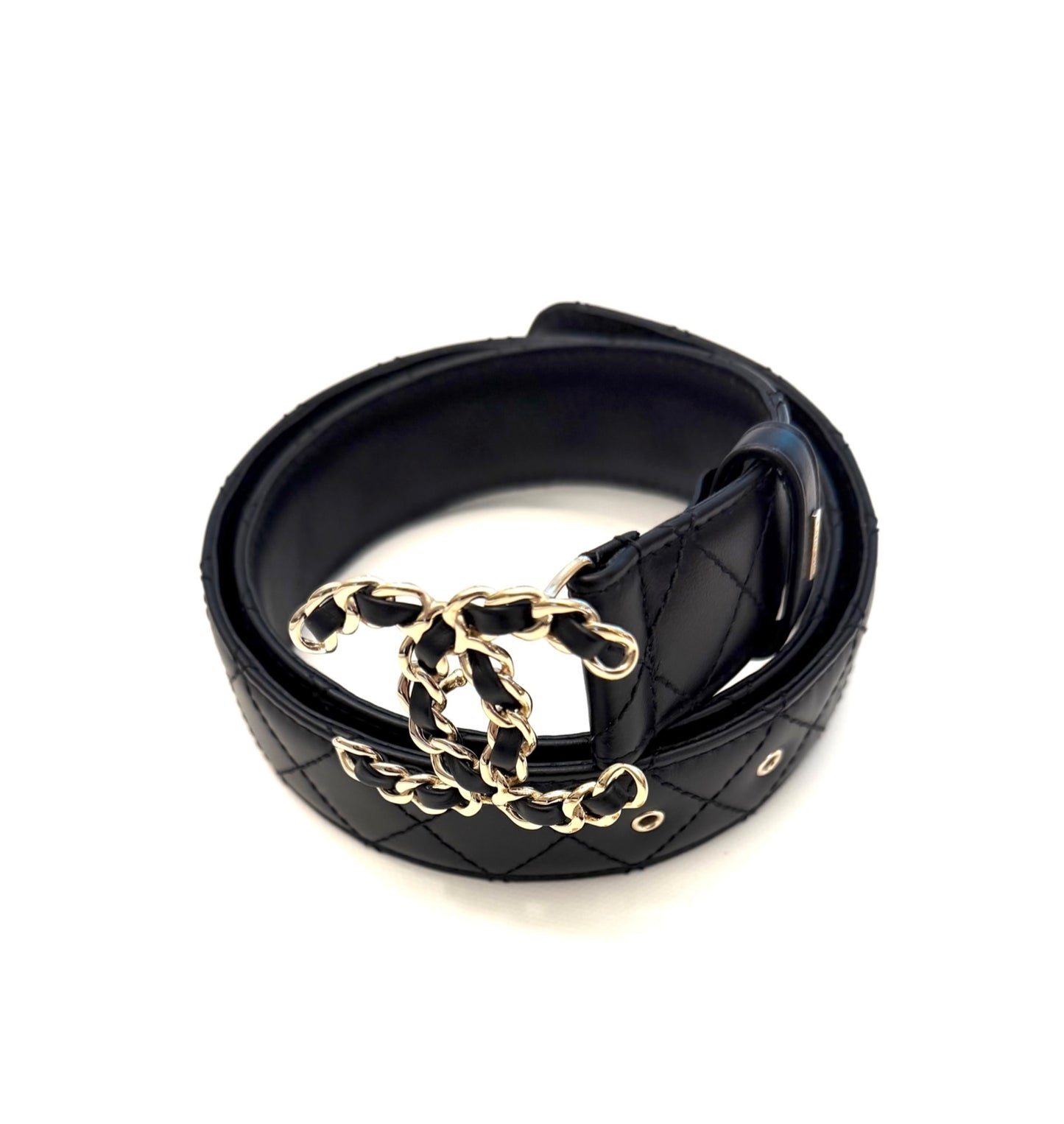 CHANEL BLACK CALFSKIN QUILTED CC CHAIN BELT SIZE 80/32