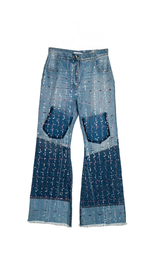 CHANEL NWT washed blue cotton 23A DAKAR SEQUIN WIDE JEANS Pants, SIZE 38