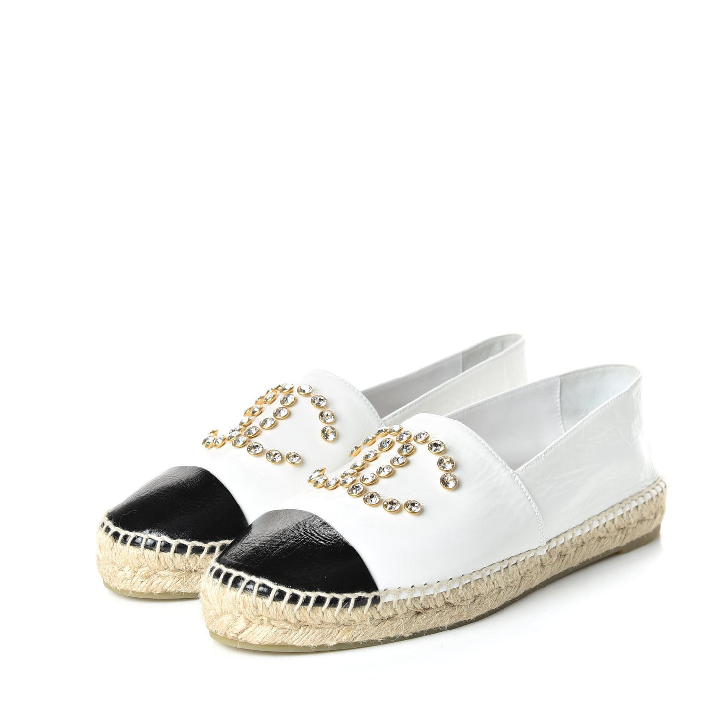 CHANEL Patent Calfskin Crystal CC Espadrilles White Black, Size 36.5
