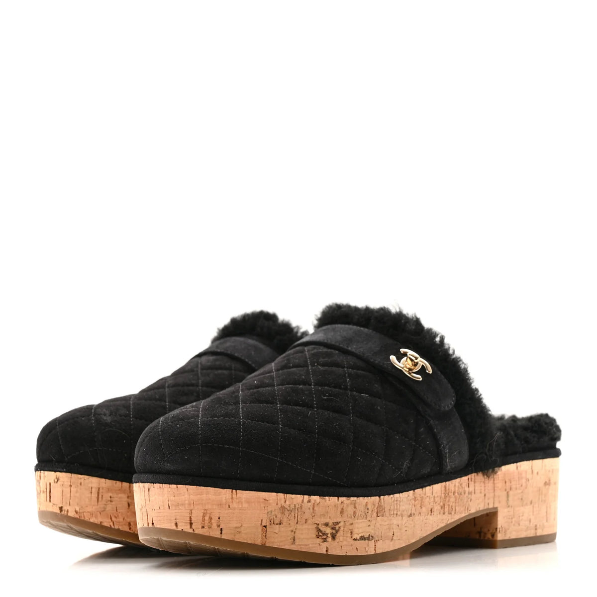 CHANEL Suede Calfskin Shearling Turn Lock Clogs, Size 39