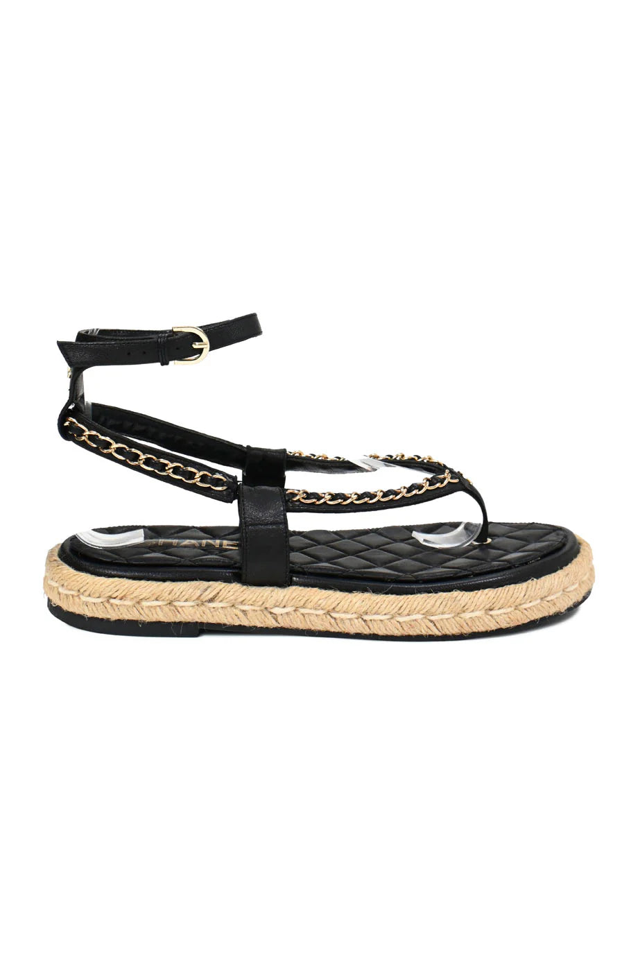 Chanel Black lambskin leather and gold-tone chain CC espadrille thong sandals, Size 39