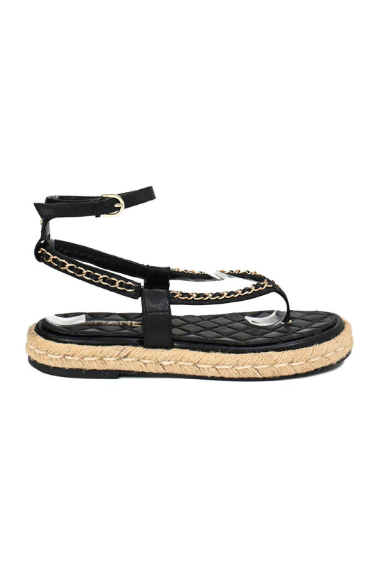 Chanel Black lambskin leather and gold-tone chain CC espadrille thong sandals, Size 39