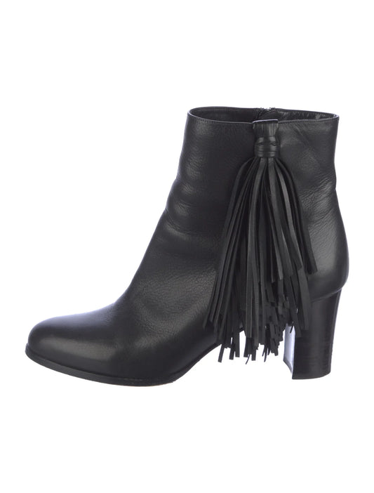 Christian Louboutin Jimmynetta Black Calfskin Leather Fringe Ankle Chelsea Boots, Size 38
