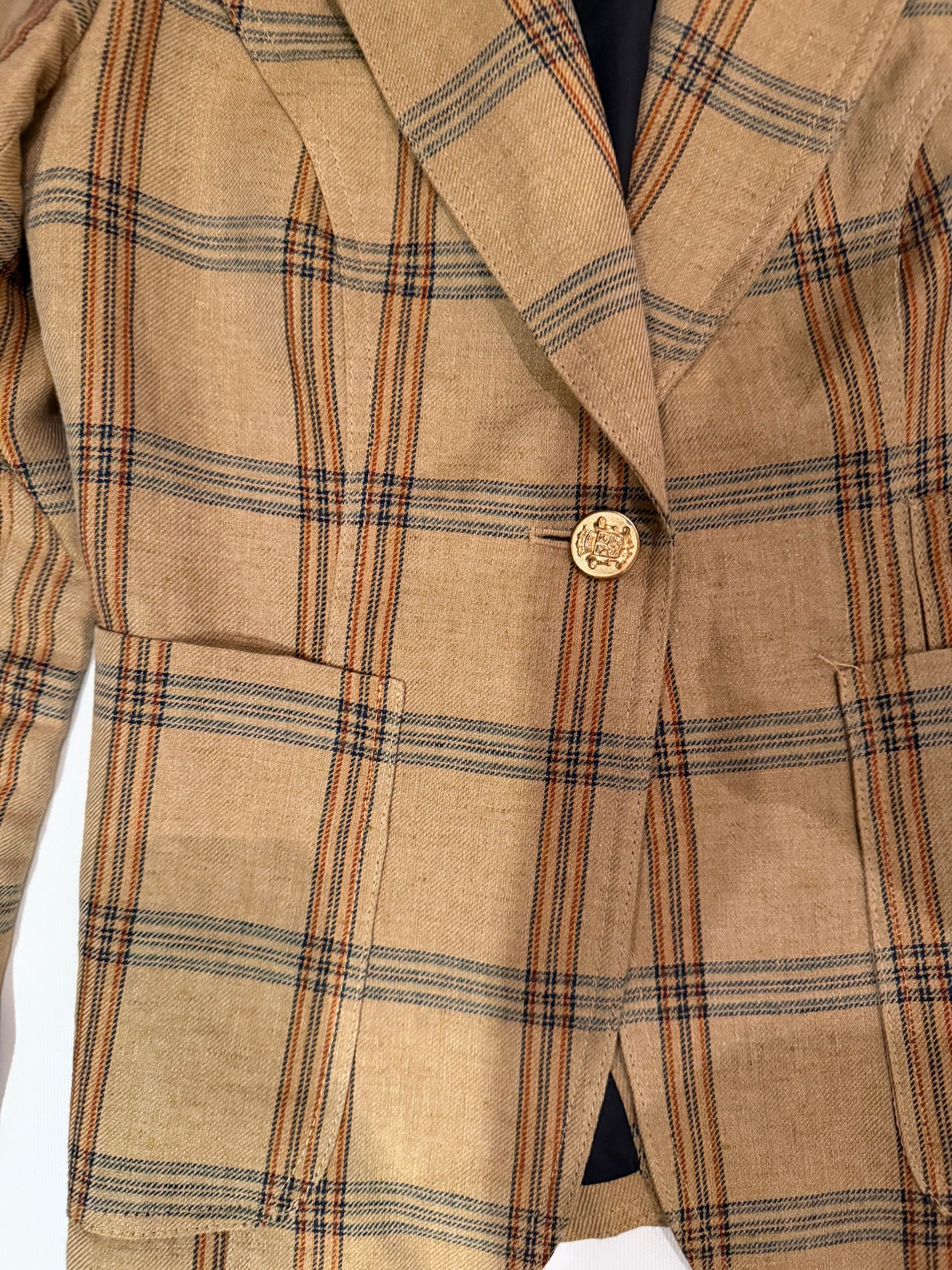 Smythe Patch Pocket Duchess Burlap Plaid Leather-Elbow-Patch Blazer, Size 6