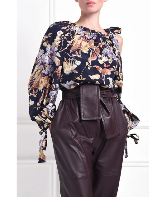 ZIMMERMANN Sabotage Floral-Print Silk-Blend cold shoulder blouse, Size 1