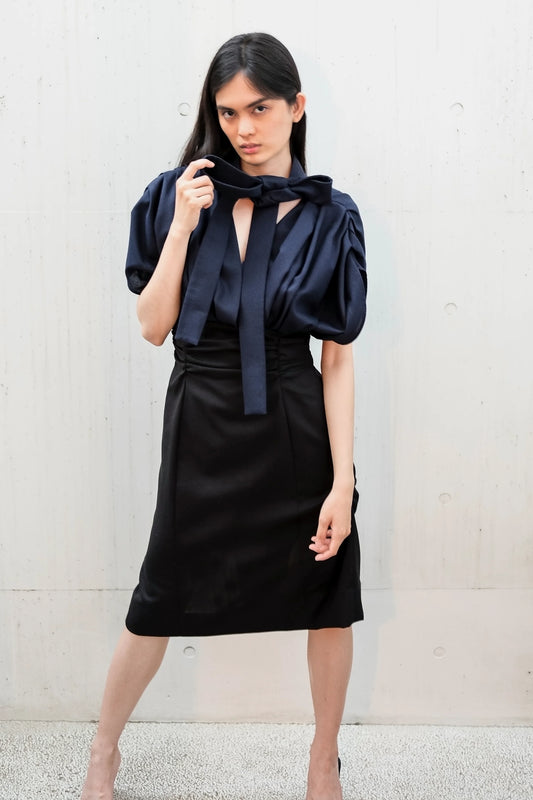 Jacquemus La Robe Madame Ribbon Detail Midi Dress in Navy Blue Wool, SIZE 40