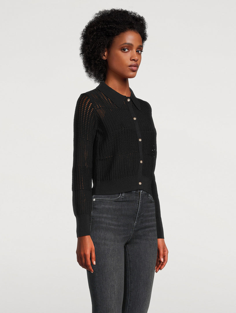 FRAME Shrunken Crochet Polo Cardigan, Large