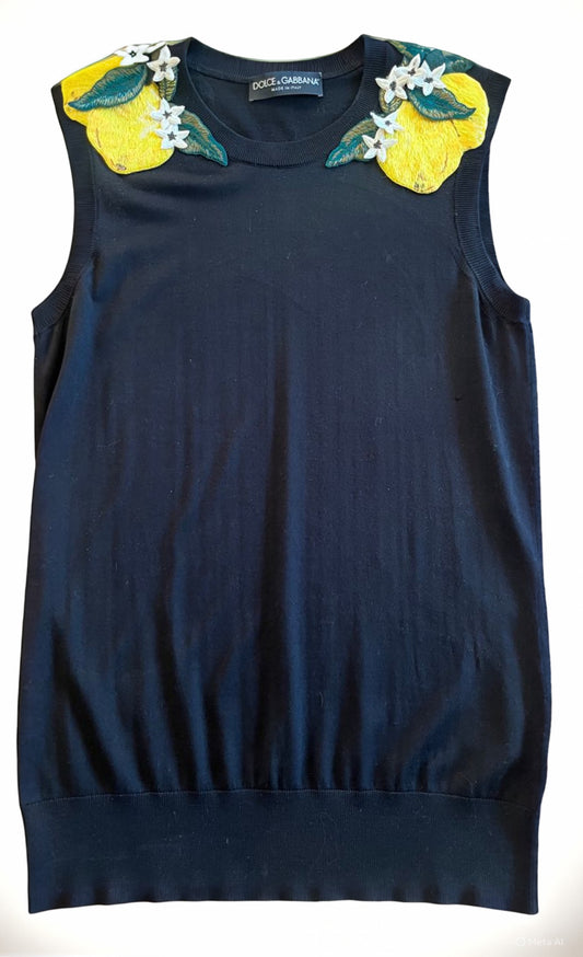 DOLCE & GABBANA Black silk with lemon appliqué sleeveless sweater, size 42