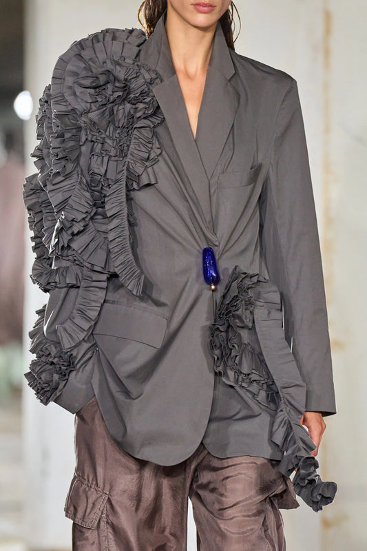 DRIES VAN NOTEN BLUR BLAZER JACKET WITH RUFFLE DETAIL IN GREY, SMALL